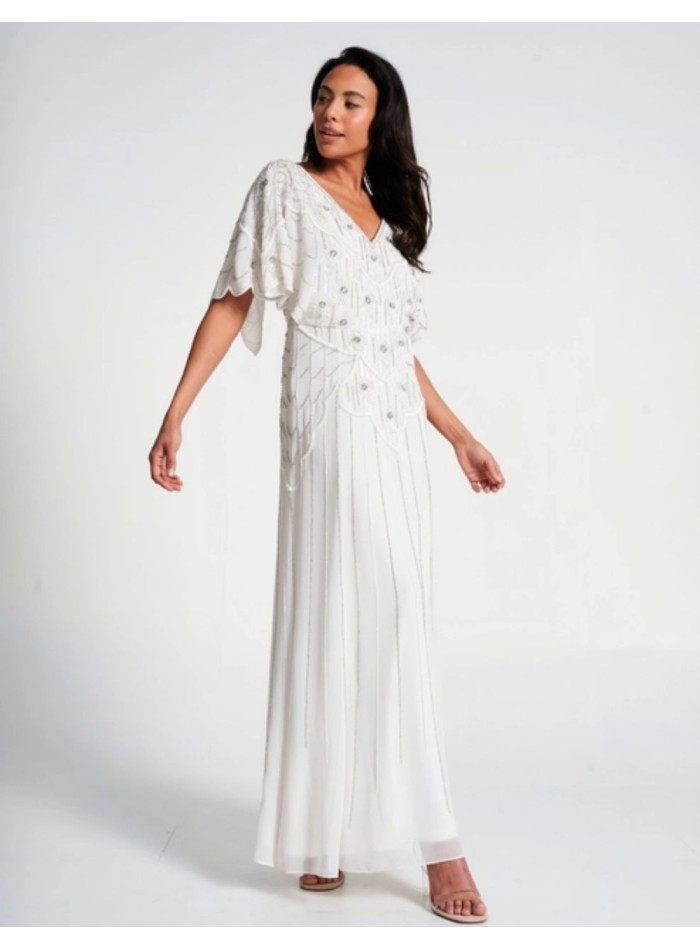 White wedding dress with raised sleeves and...