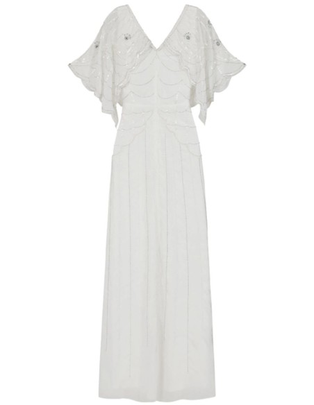 White wedding dress with raised sleeves and sequins