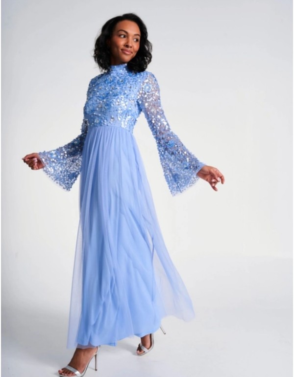 Long party dress with long sleeves embroidered with blue... 2