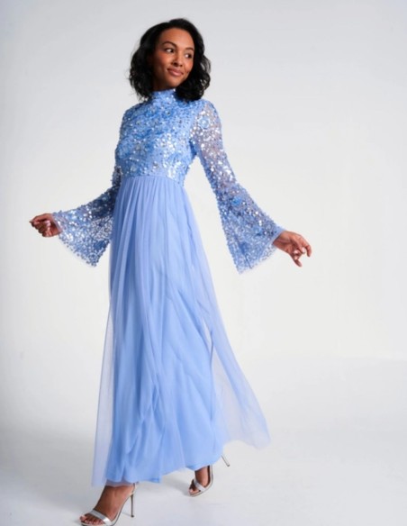 Long party dress with long sleeves embroidered with blue sequins
