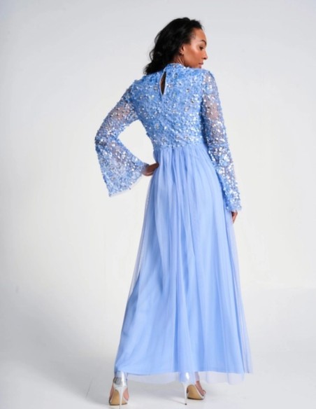 Long party dress with long sleeves embroidered with blue sequins