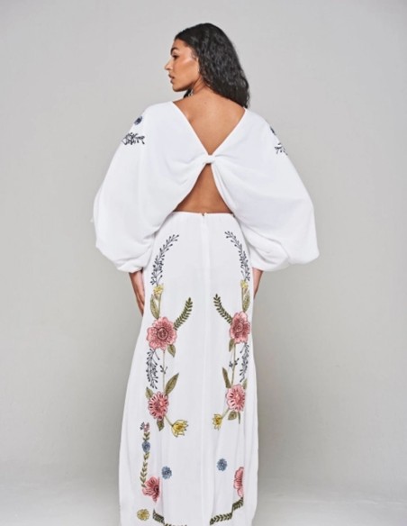 Long floral embroidered tunic dress with knotted back