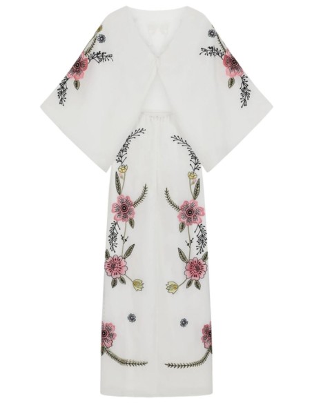 Longue robe tunique brodée de fleurs au dos noué