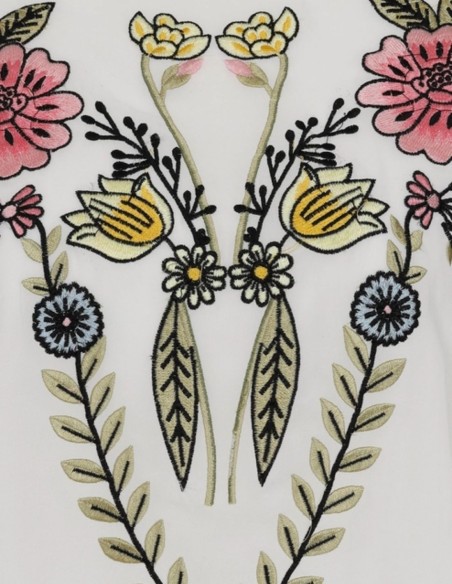 Longue robe tunique brodée de fleurs au dos noué