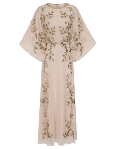 Vestido de fiesta largo con hojas doradas de lentejuela