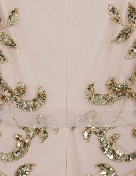 Vestido de fiesta largo con hojas doradas de lentejuela