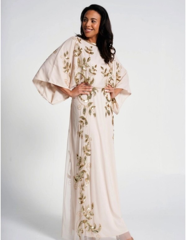 Robe longue de fête avec feuilles de Sequin doré 2