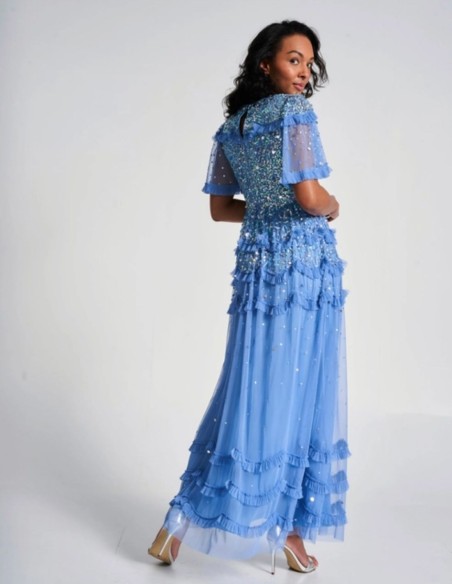 Robe longue de fête avec mini volants et sequins bleus