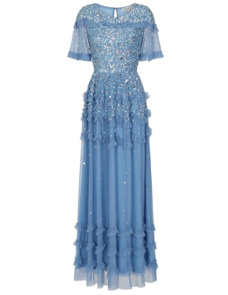 Long party dress with mini ruffles and blue sequins