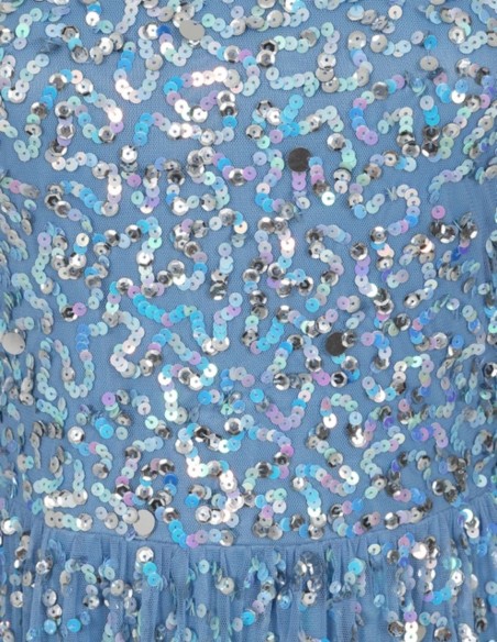 Long party dress with mini ruffles and blue sequins