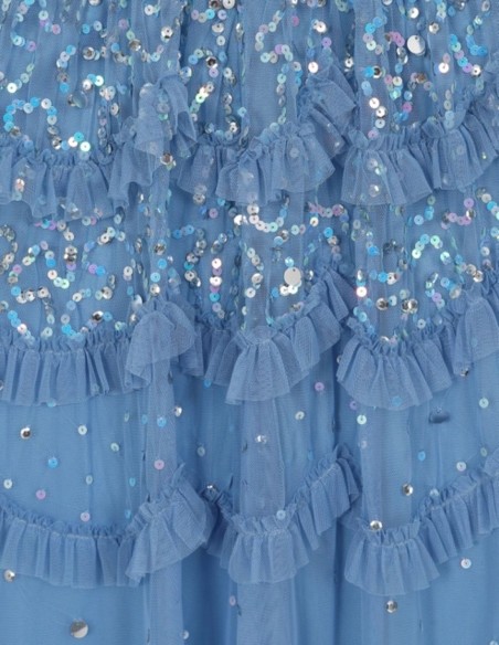 Robe longue de fête avec mini volants et sequins bleus