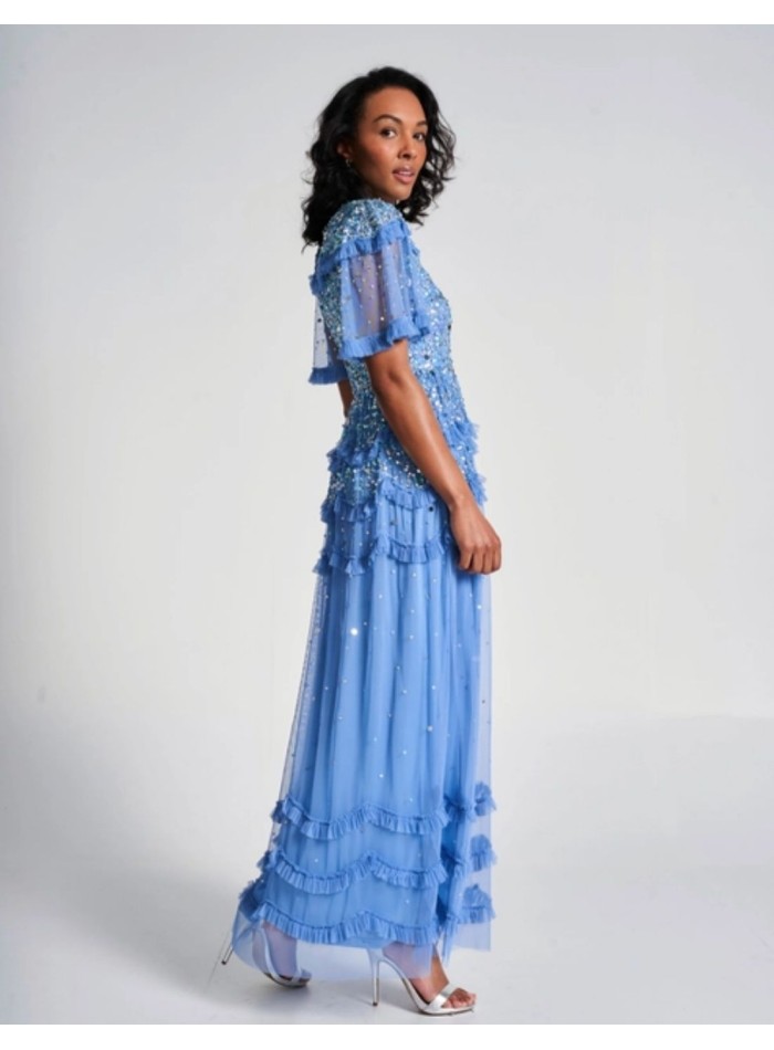 Long party dress with mini ruffles and blue...