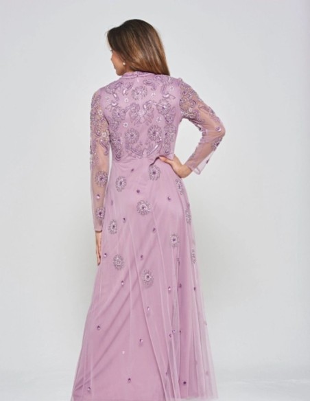 Robe longue de fête à manches longues brodée de strass mauves