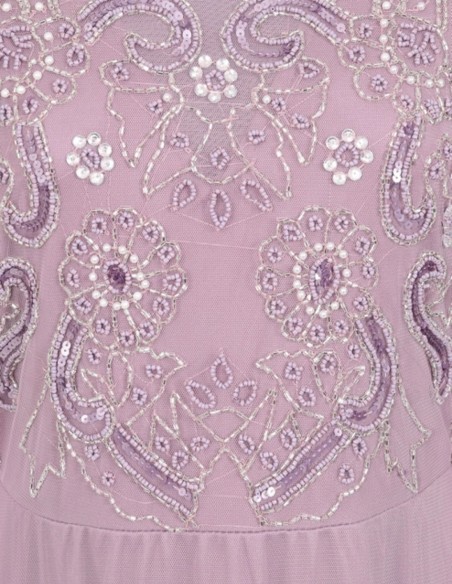 Long party dress with long sleeves embroidered with mauve rhinestones