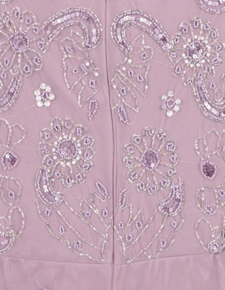 Long party dress with long sleeves embroidered with mauve rhinestones