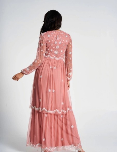 Robe longue de fête à manches longues brodée de sequins rose blush