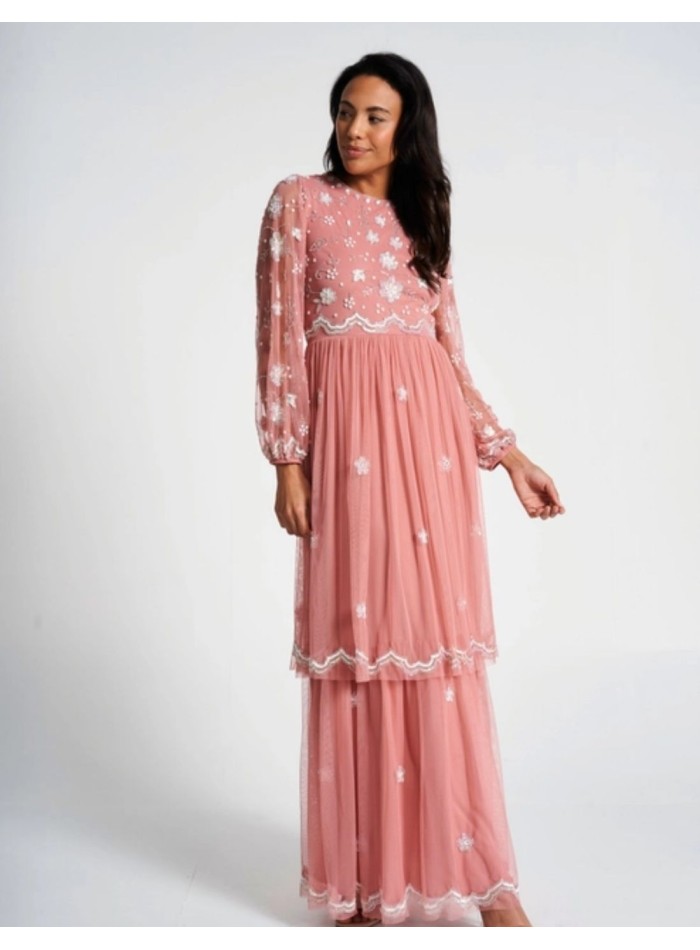 Vestido largo de fiesta con manga larga bordada...