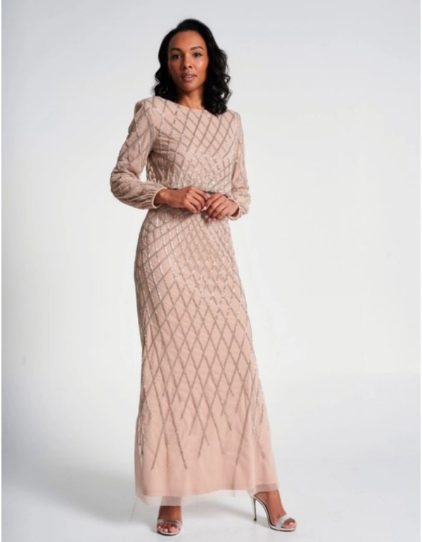 Long party dress with long sleeves and nude sequins 2