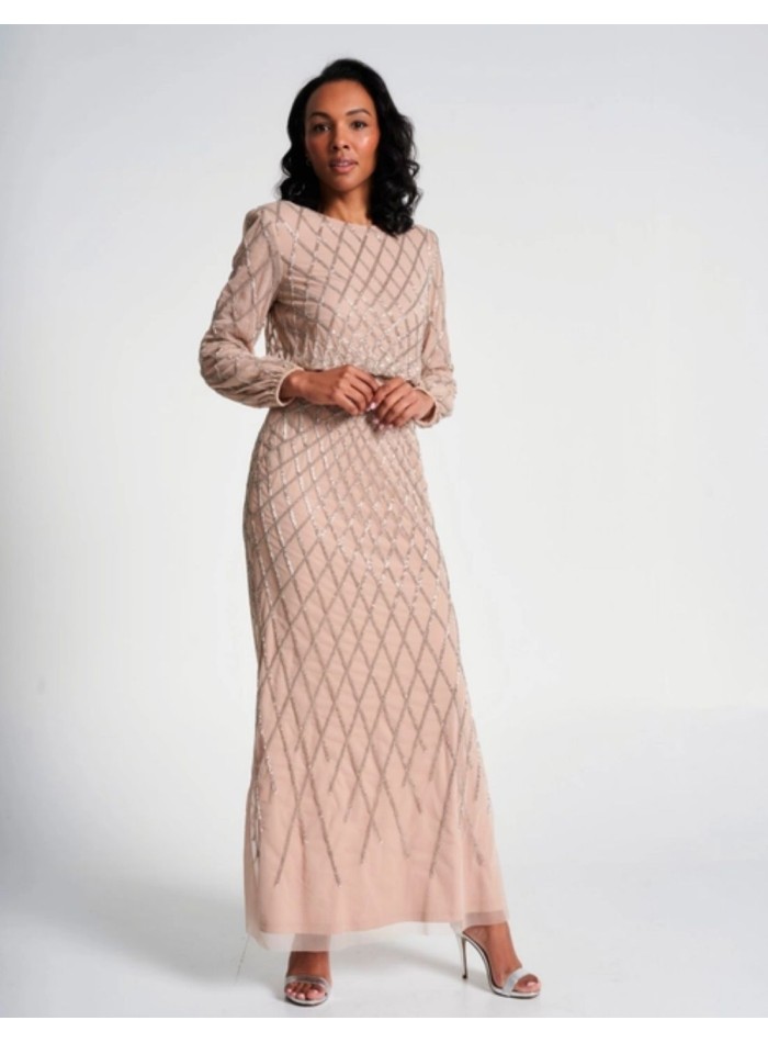 Long party dress with long sleeves and nude...