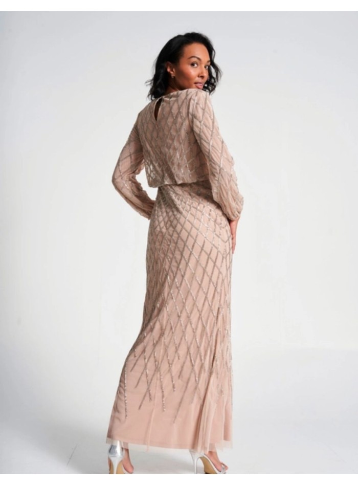 Long party dress with long sleeves and nude...
