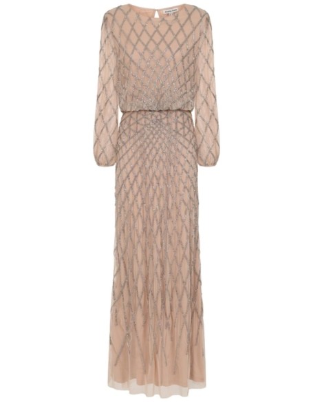 Robe longue de fête à manches longues et à sequins nude