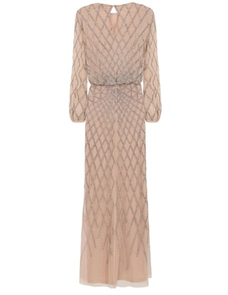Robe longue de fête à manches longues et à sequins nude