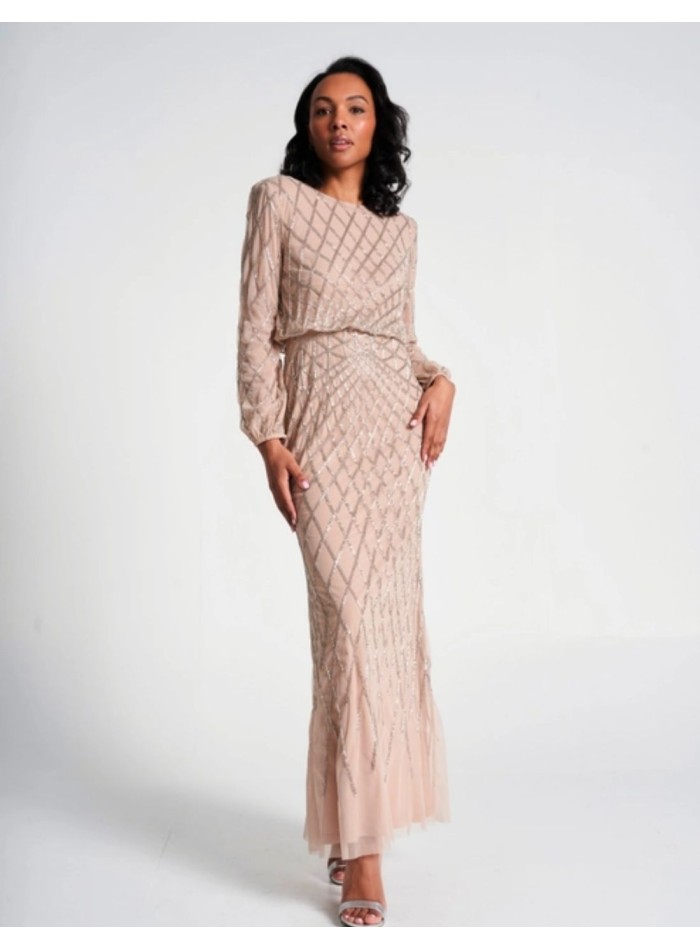 Long party dress with long sleeves and nude...