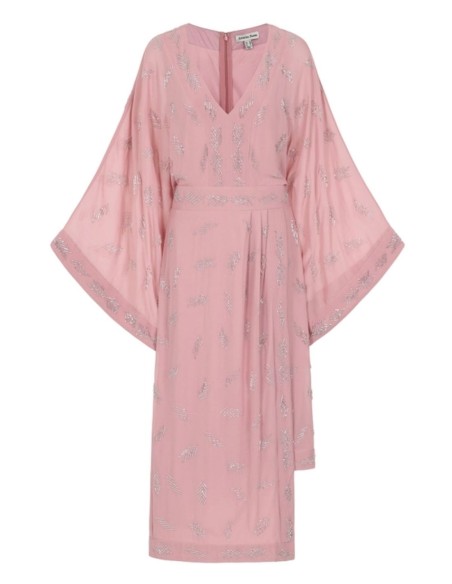 Pink embroidered rhinestone bat sleeve midi dress