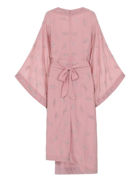 Pink embroidered rhinestone bat sleeve midi dress