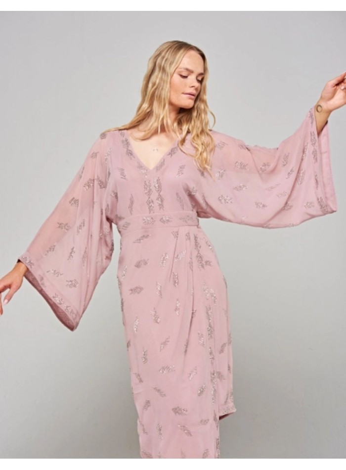 Pink embroidered rhinestone bat sleeve midi dress