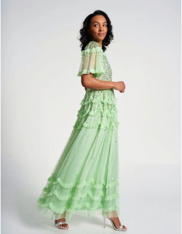 Mint green long party dress with sequins and ruffles 2