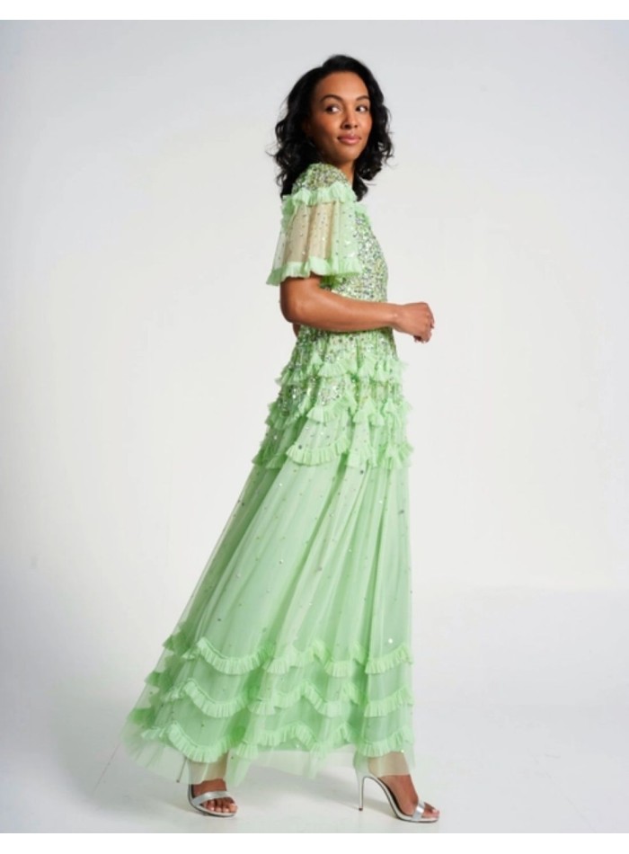 Robe longue de fête vert menthe avec sequins et...
