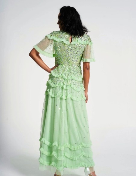 Mint green long party dress with sequins and ruffles