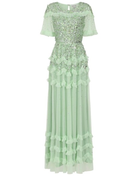 Mint green long party dress with sequins and ruffles