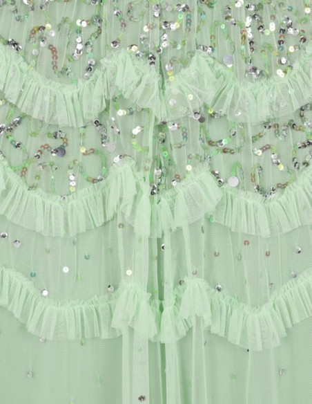 Mint green long party dress with sequins and ruffles