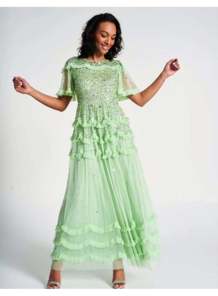 Mint green long party dress with sequins and...