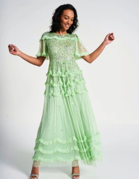 Vestido de fiesta largo verde menta con lentejuelas y volantes