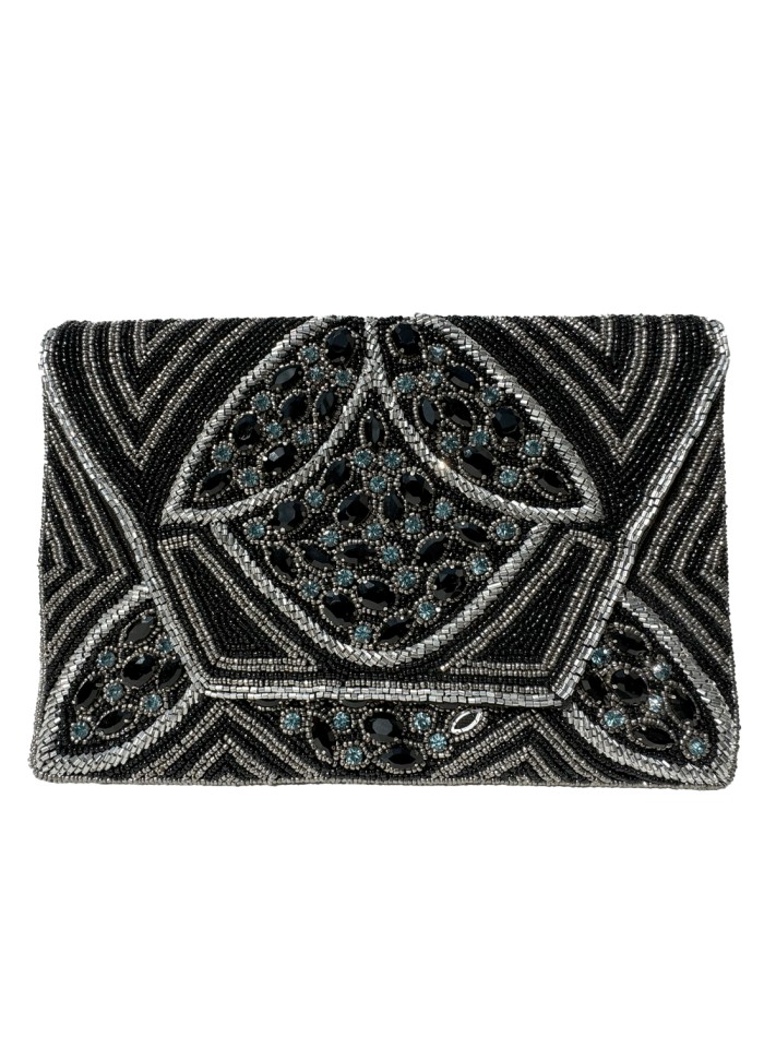 Cartera de mano de pedrería en tono negro con...