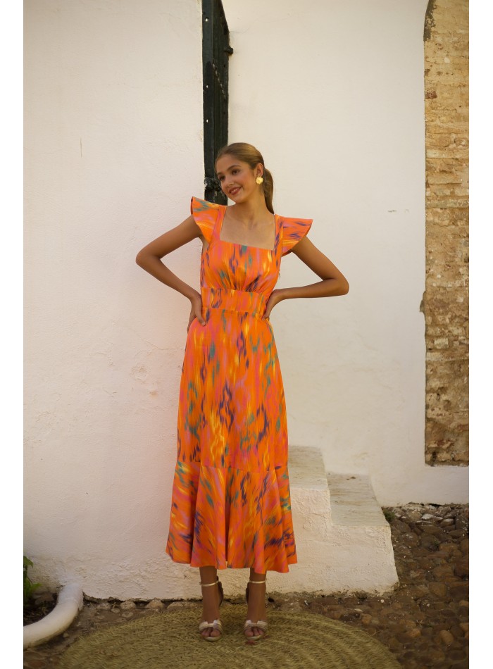 Orange printed linen midi guest dress