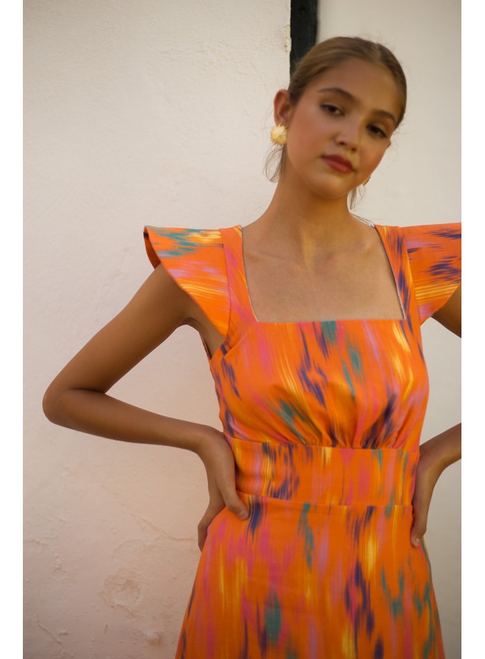 Orange printed linen midi guest dress