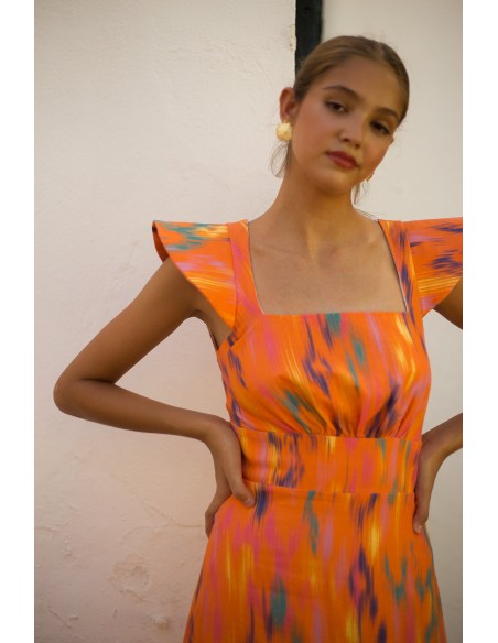Orange printed linen midi guest dress