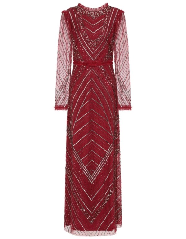 Robe longue de fête bordeaux avec sequins et volants 2