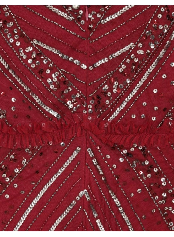 Maroon long party dress with sequins and ruffles