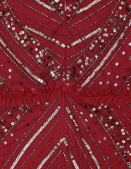 Maroon long party dress with sequins and ruffles