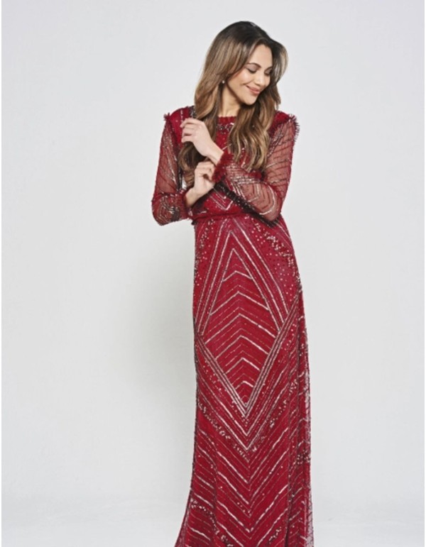 Vestido de fiesta largo granate con lentejuelas y frunces