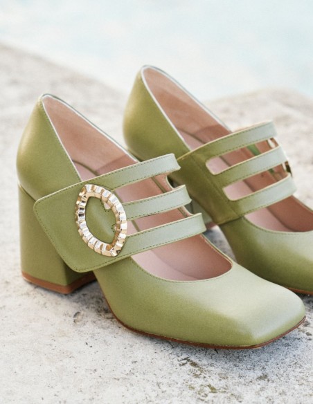 Olive green pumps with gold buckle fastening