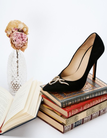 Black suede party shoe with decorative buckle