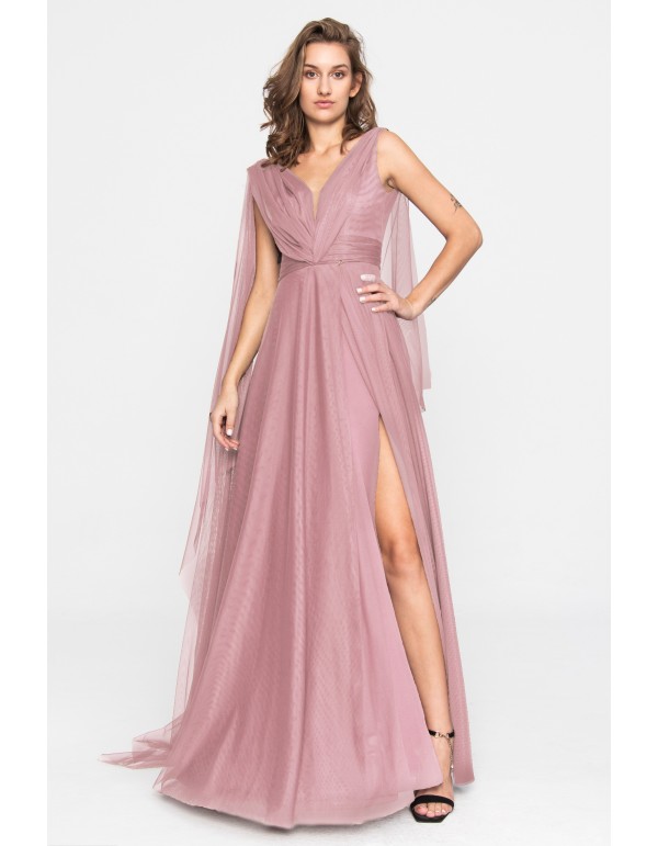 Long pink tulle dress with V-neckline and side slit