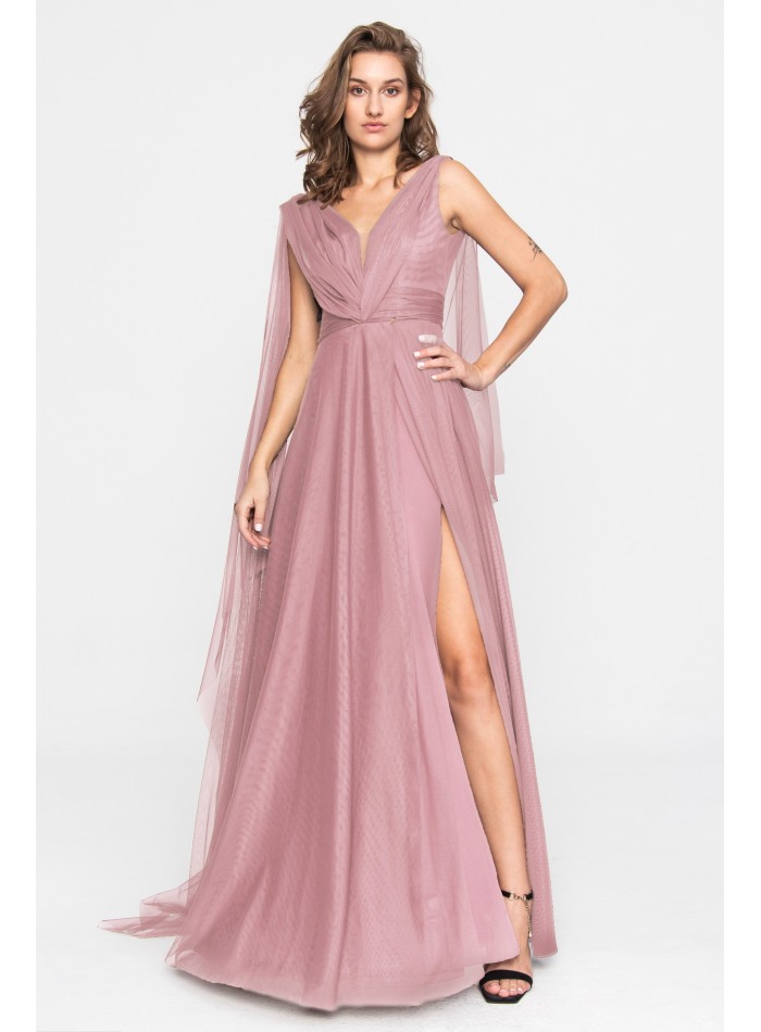 Robe longue en tulle rose avec décolleté en V...