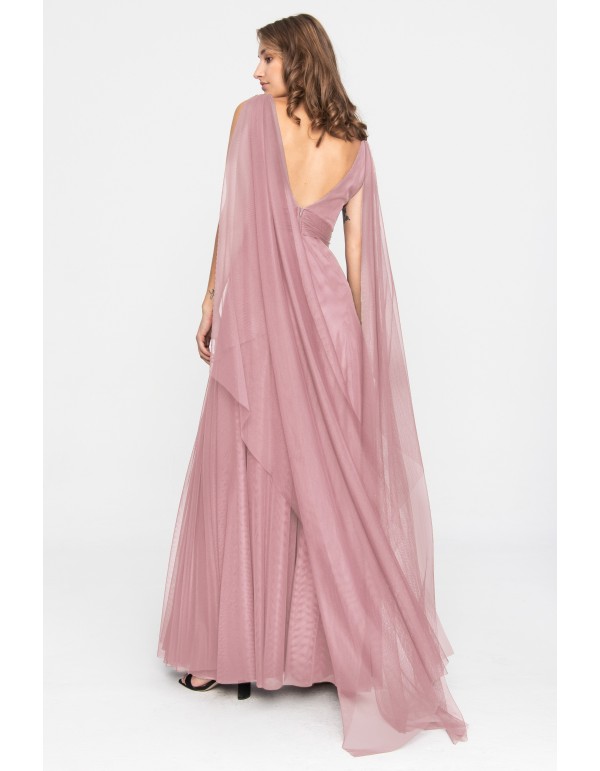 Robe longue en tulle rose avec décolleté en V et fente... 2